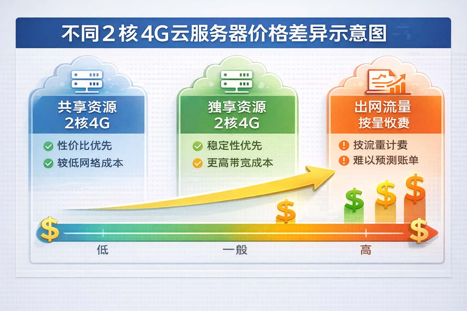 不同 2 核 4G 云服务器价格差异示意图,展示资源类型与成本高低关系