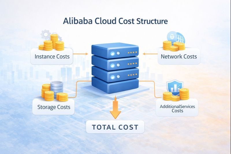 阿里云国际版云服务器成本结构示意图,展示实例、存储、网络及附加服务组成