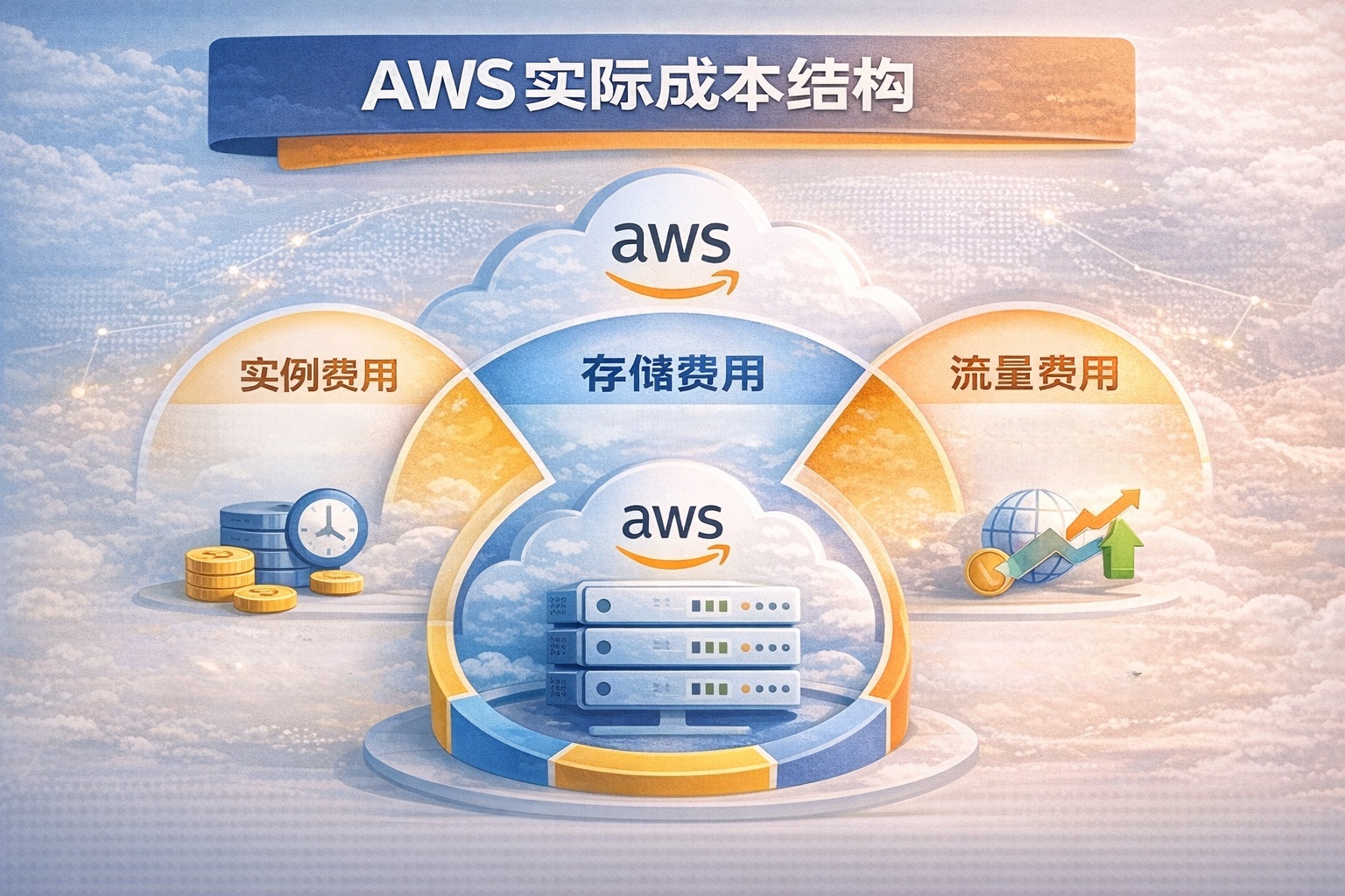 AWS 云服务器实际成本结构示意图,包含实例费用、存储费用和公网流量费用