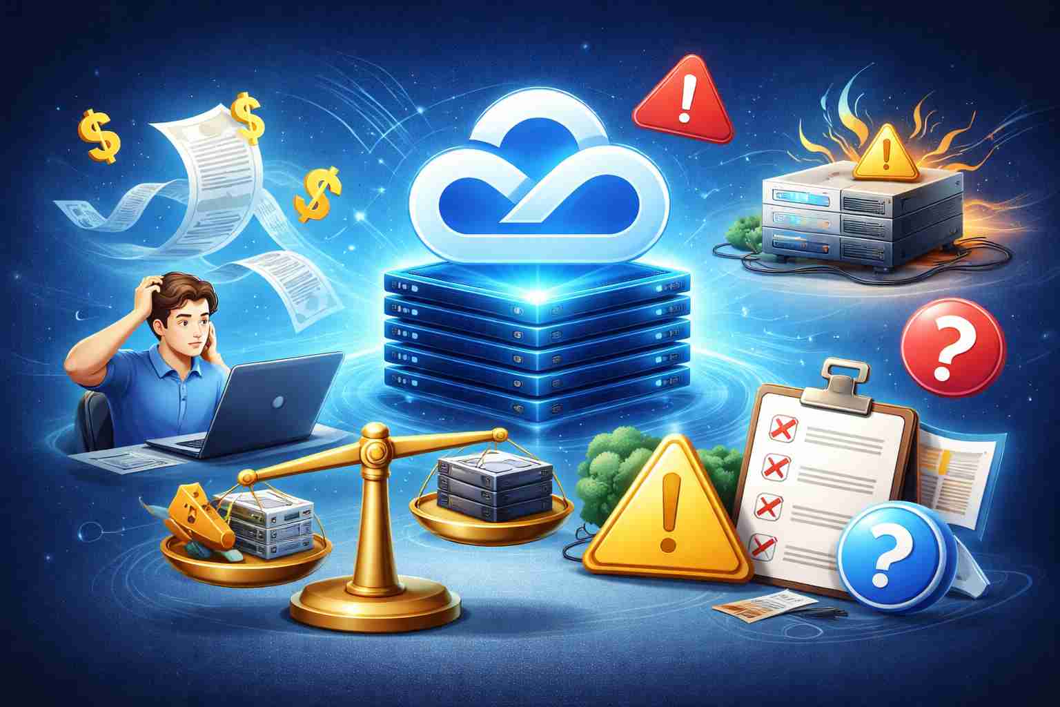 新手选择云服务器时常见错误示意图，展示成本、配置、轻量服务器与云服务器选型风险