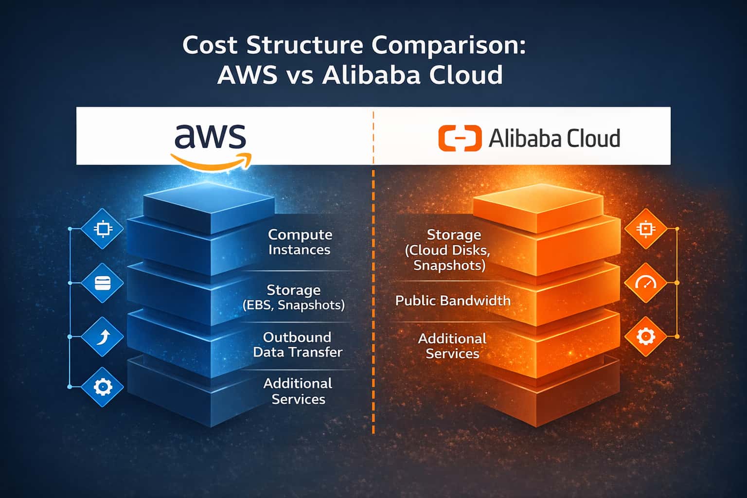 AWS 与阿里云国际版成本结构对比示意图,展示计算、存储、网络及附加服务组成