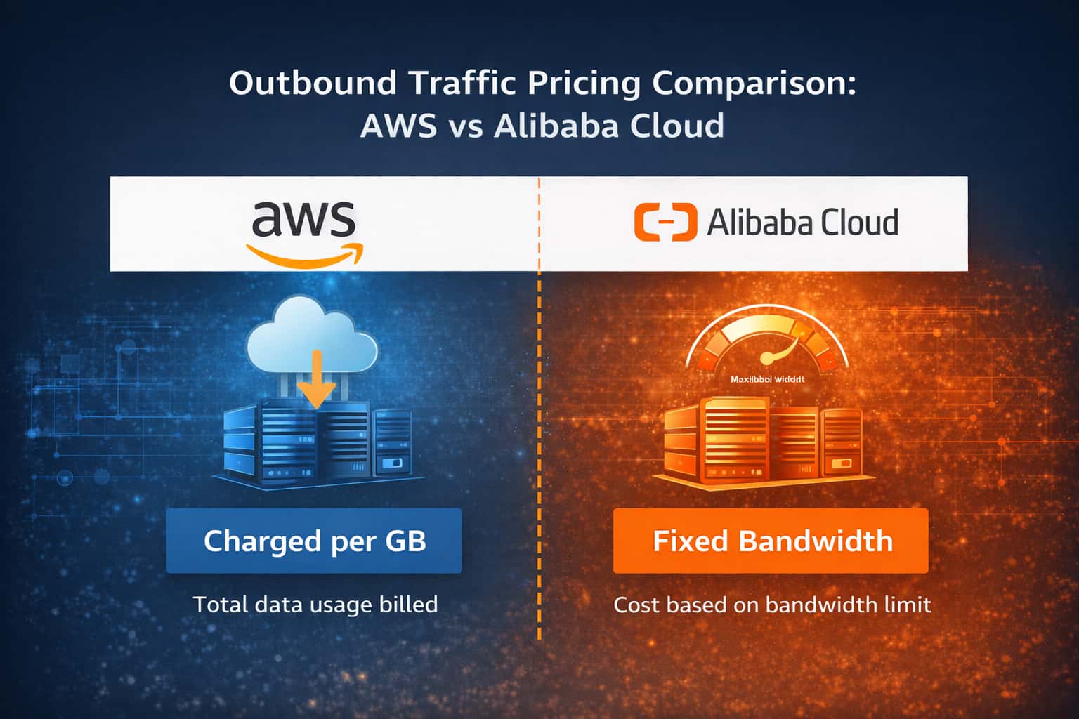 AWS 公网出站流量按量计费与阿里云国际版固定带宽计费方式对比示意图